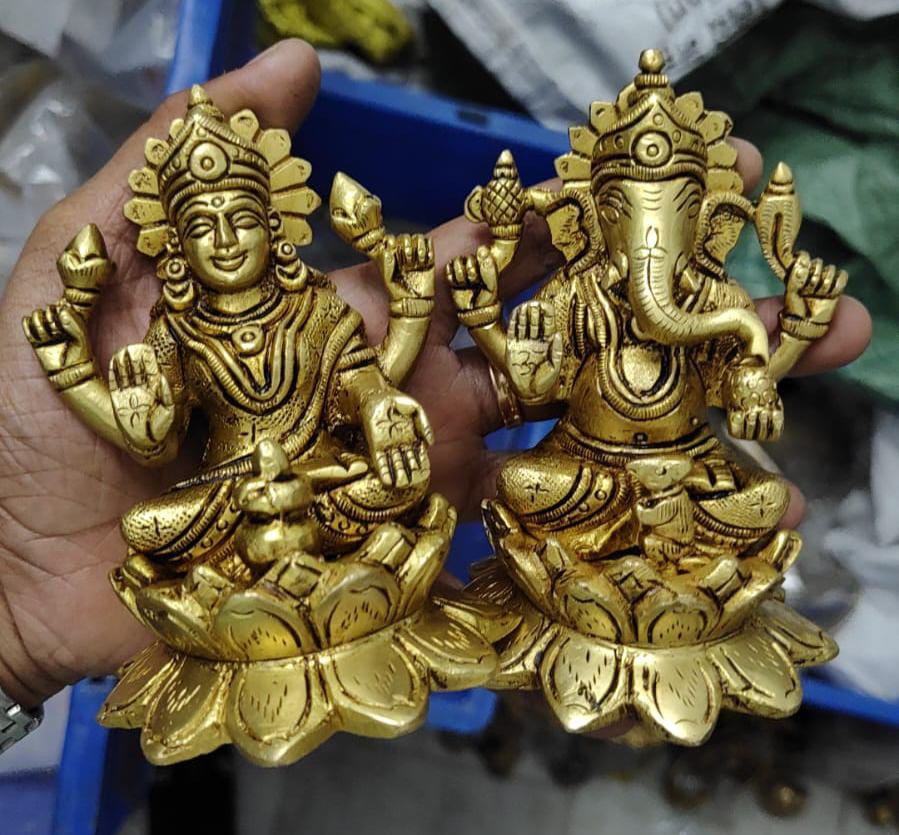 brass 5" lakshmi ganesh statue sitting on lotus flower home temple